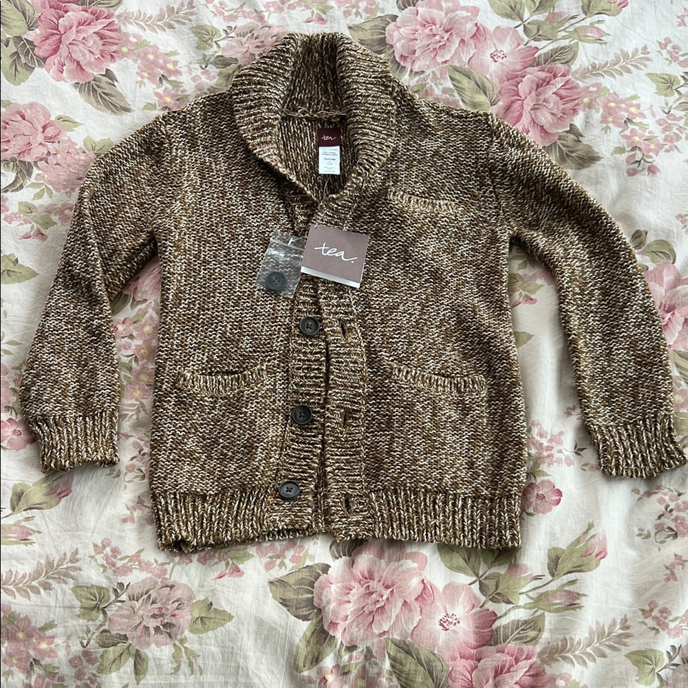 tea - Brown Knit  Shawl Collar Cardigan Sweater